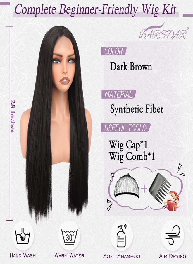 بارسدار باروكة بارسدار طويلة مستقيمة بنية داكنة - باروكة طويلة مستقيمة بنية داكنة مع فرق في المنتصف للنساء - باروكة شعر صناعي ناعم وكثيف بمظهر طبيعي بطول 28 بوصة، بديل للشعر الطبيعي، مناسبة للاستخدام اليومي، للحفلات، ولأزياء الهالوين. - Image 2